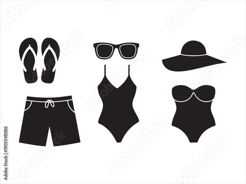 Beachwear icons, summer clothing, swimwear silhouettes, Summer Beachwear Essentials Silhouette vector illustration