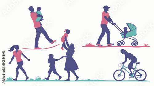 Active Family Lifestyle Vector Silhouettes Parents and Children Walking Cycling Stroller and Playing Outdoors Graphic Illustration
