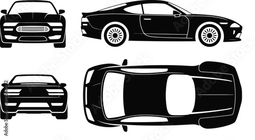 Black sports car silhouette set showing front, side, rear, top views for automotive design, transport branding, vector illustration concepts icons