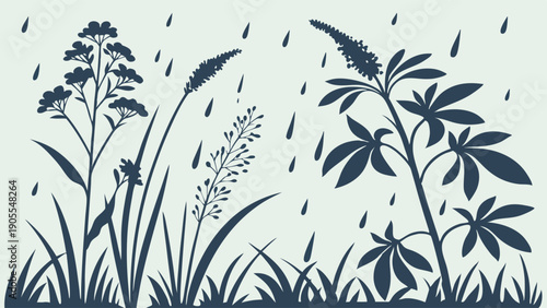 Ecology Vector Illustration Wild Plants and Grasses Silhouette in Rainfall Minimalist Nature Design Element for Packaging