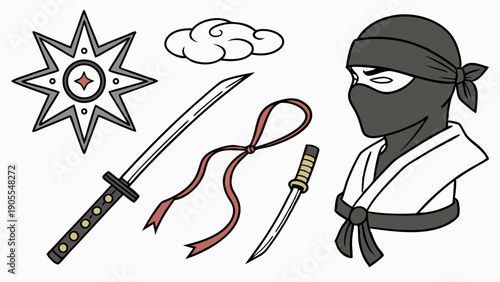 Stealth Ninja Warrior Illustration Set Vector Icons of Japanese Weapons Mask and Shuriken for Gaming Security and Strategy Design