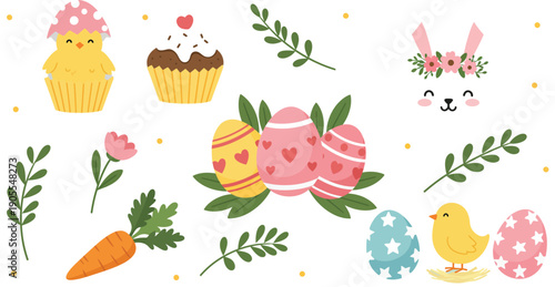 Easter decorations with eggs bunnies chicks flowers and sweets in pastel colors