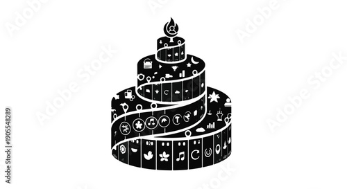 Black and white illustration of a decorative cake with symbols