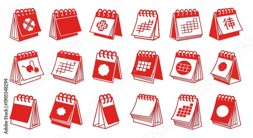 Set of red and white graphic illustrations depicting various types of calendars, including traditional, modern, and iconic designs, representing timekeeping and scheduling