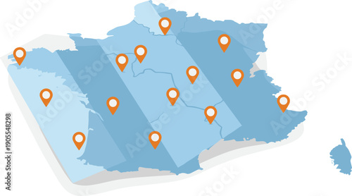 Blue France map illustration with orange location pins and regional markers isolated on white background for travel logistics and geography