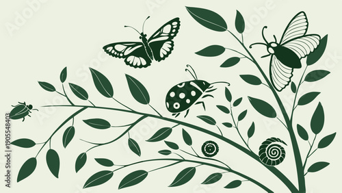 Green Silhouette Illustration of Garden Insects Butterfly Ladybug and Snails on a Leafy Branch Vintage Botanical Art for Ecology Design