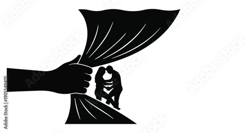 Hand shielding silhouetted couple from unknown elements