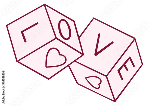 Valentine Dice with Love Letters and Heart Symbols, Romantic Outline Game Cubes for February 14