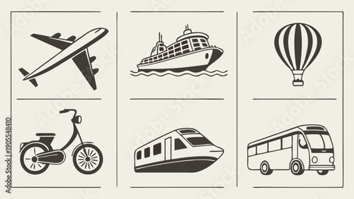 Transportation Icons Set Vector Line Art Illustration Plane Ship Train Bus Balloon Bicycle Global Travel Logistics and Delivery Services