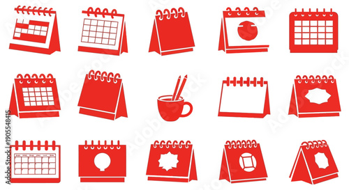 Collection of red desk calendars and a mug with pencils, illustrating dates, planning, and office supplies for business and personal organization, with a focus on time management and scheduling