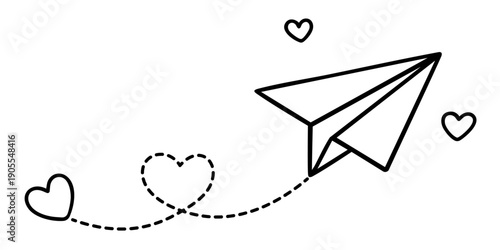 Flying paper airplane with heart trail for Valentine’s Day, romantic love message plane soaring in air, February 14 love letter