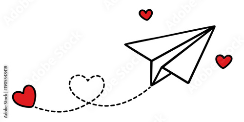 Paper Airplane Flying with Dotted Trail and Heart — Valentine’s Day Romantic Message, Love Letter Plane in Motion Symbol of Connection