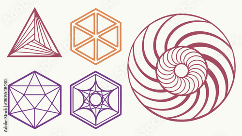 Abstract Sacred Geometry Vector Symbols Fibonacci Spiral Hexagon and Star Patterns Minimalist Line Art for Modern Branding and Web Design Elements