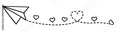 Paper airplane flying with hearts line, romantic air mail love message for Valentine’s Day, floating plane with love notes February 14