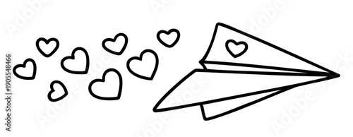 Paper airplane flying through hearts for Valentine’s Day, playful love plane carrying romantic message, February 14 love flight
