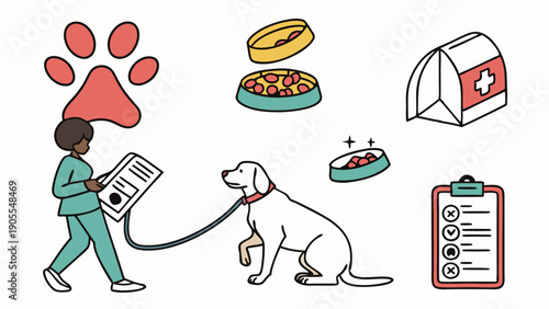 Professional Vet Technician Walking Dog Holding Medical Chart for Wellness Exam and Pet Nutrition Illustration