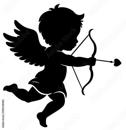 Cupid angel silhouette aiming arrow, playful Valentine love shooter