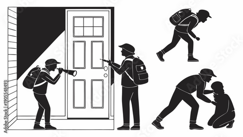 Unauthorized Access and Security Threat Silhouettes Burglars Spying and Picking a Lock on a Residential Door
