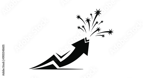 Black graphic arrow exploding with fireworks on white background
