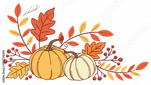 Rustic Autumn Pumpkins and Fall Leaves Illustration Harvest Decoration Corner Element Thanksgiving Design