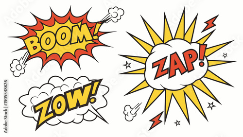 Dynamic Comic Book Sound Effects Onomatopoeia Pop Art Explosion Bubbles Boom Zap Zow Graphic Elements for Advertising and Web Design