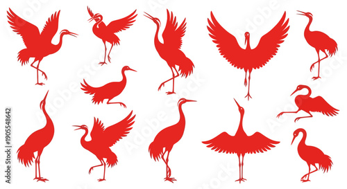 Collection of elegant red silhouettes of cranes in various graceful poses, symbolizing longevity and good fortune, perfect for cultural and artistic applications