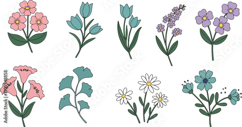 Collection of eight different colorful flower illustrations on white background