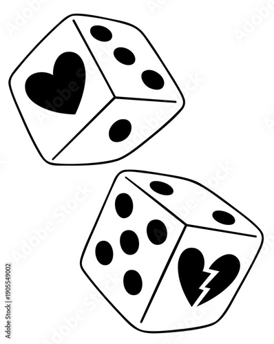 Valentine’s Day dice with broken heart and heart symbols, romantic game cubes representing love, risk and heartbreak