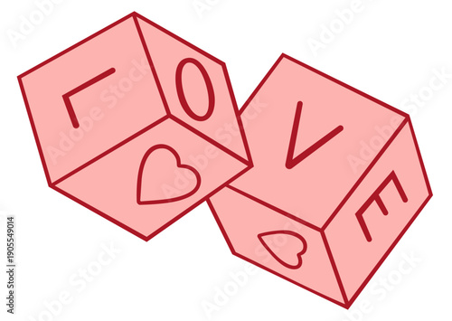 Valentine Dice Spelling Love with Heart Icons, Romantic Game Cubes with Love Message in Red and Pink Colors
