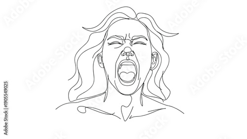 Continuous line drawing of frustrated woman screaming in anger for mental health awareness stress relief emotional burnout and psychological expressive art