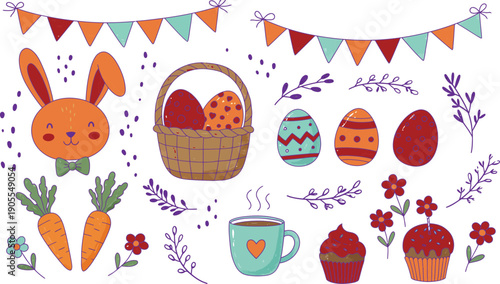 Easter celebration elements with eggs basket bunny carrots flowers and decorations