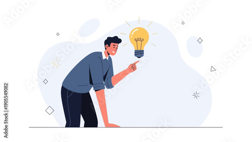 Man Points to Glowing Light Bulb Idea Concept, Innovation and Solution