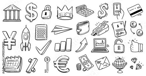 Hand Drawn Bank and Finance Doodle Illustration Set