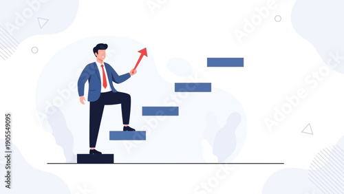 Businessman climbs stairs upward arrow, career growth, success, ambition, motivation, business concept.