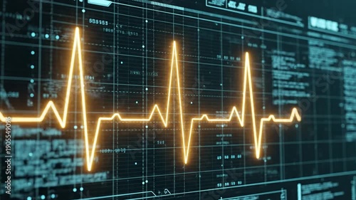 A dynamic digital heartbeat displayed on a medical monitor screen with grid background and futuristic interface