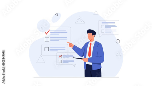 Businessman pointing at checklist, business planning, task management, strategy concept