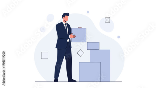 Businessman Stacks Boxes, Business Growth Concept, Strategy Planning