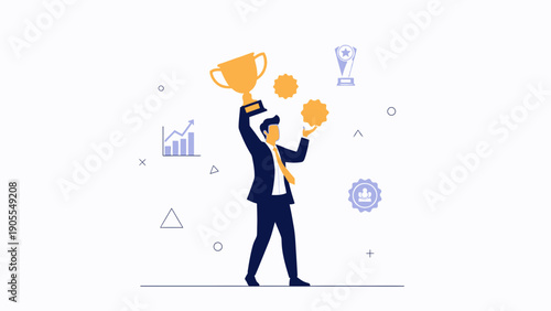 Businessman holding trophy celebrating success, achievement, victory, and goals