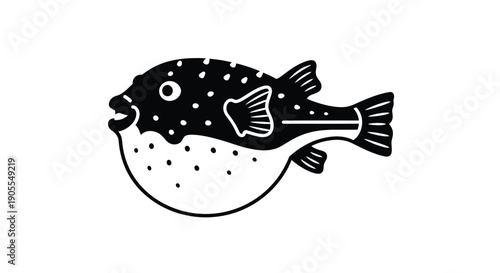 A charming black and white illustration of a spotted pufferfish with a rounded body silhouette high quality professional detailed modern elegant stylish