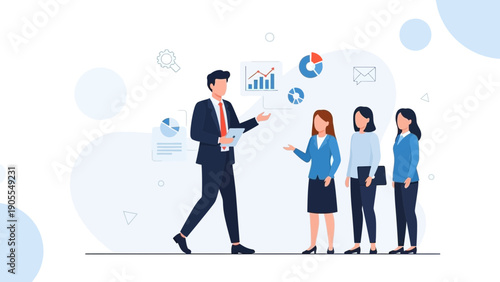 Business Leader Presenting Data Charts to Team in Modern Office