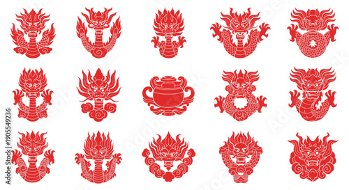Collection of Chinese Red Dragon Emblems, symbolizing power, good fortune, and strength, perfect for cultural and festive designs
