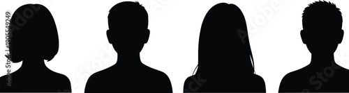 People silhouette avatars, male female profiles, anonymous users, diversity concept, social network icons, minimal black shapes, white background illustration