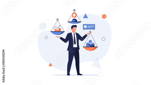 Businessman balancing scales with business growth and human resources