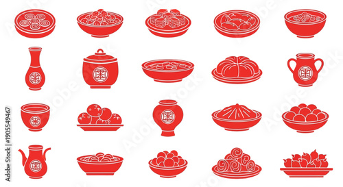 A Collection of Traditional Chinese Food and Drink Items in Red, Featuring Various Dishes, Bowls, Vases, and Lamps for Festive Occasions and Culinary Presentations