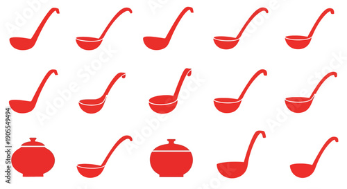 A collection of traditional red Asian soup ladles and bowls, elegantly arranged, evoking a sense of culinary heritage and warm hospitality for food presentation and dining experiences