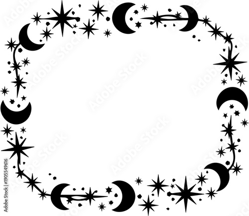 A minimalist vector graphic of a moon phase circle with stars on a transparent background