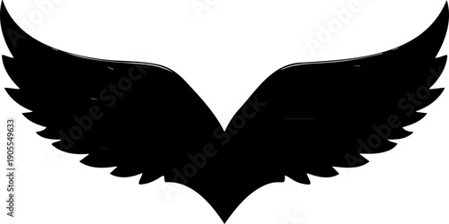 A minimalist black silhouette of wings spread wide on a white background