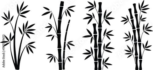 Minimal bamboo plant silhouettes set, black botanical vector illustration, Asian nature symbol, Zen decor, eco design, isolated white background art