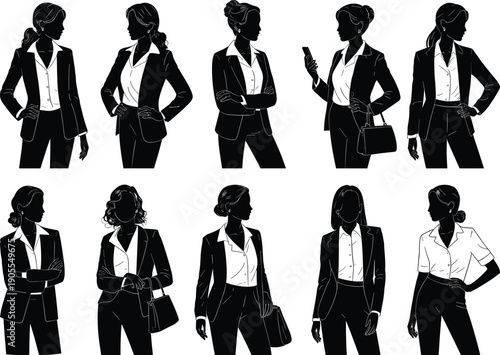 Professional businesswoman silhouette collection showcasing confident female office poses, modern corporate fashion, leadership attitudes, and elegant black vector illustration set for branding design