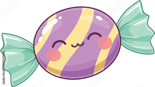 Cute purple candy illustration with happy kawaii face and yellow stripes isolated on white background for sweet shop and kids